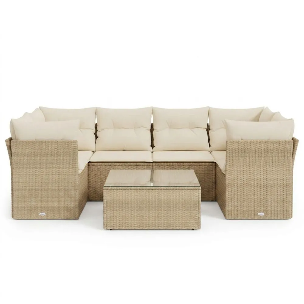 Conjunto de Sofá Esquinero de Ratán Sintético Beige con Mesa de Vidrio