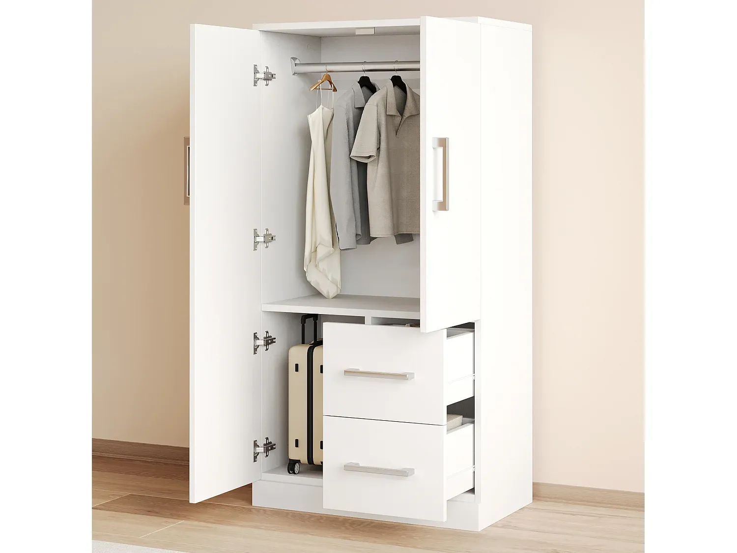 Zweiteiliger Kleiderschrank für Kinder mit Schubladen und Ablagen