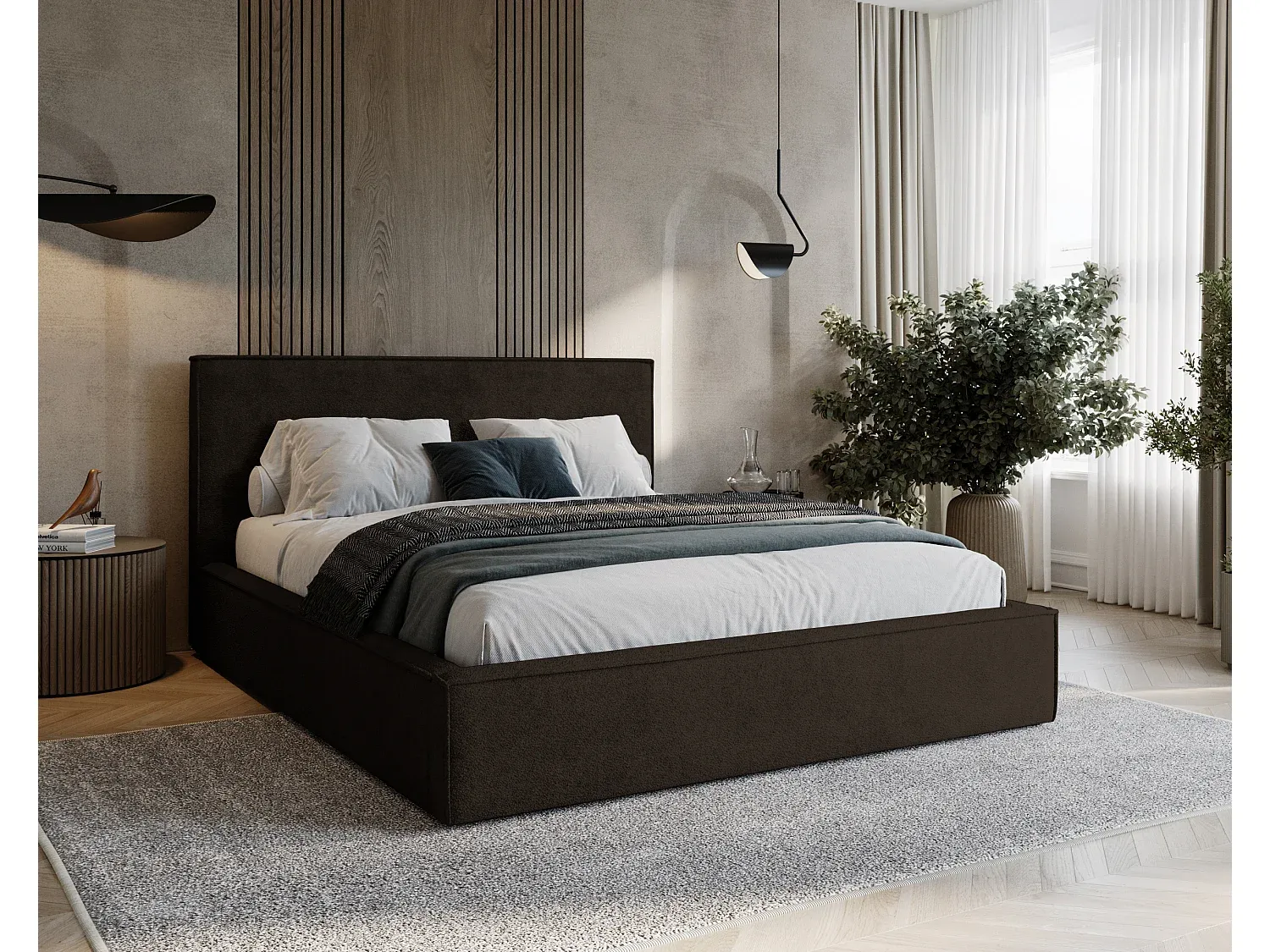 Polsterbett 160x200 mit Metallrahmen und Bettkasten, Chenille-Stoff Grau