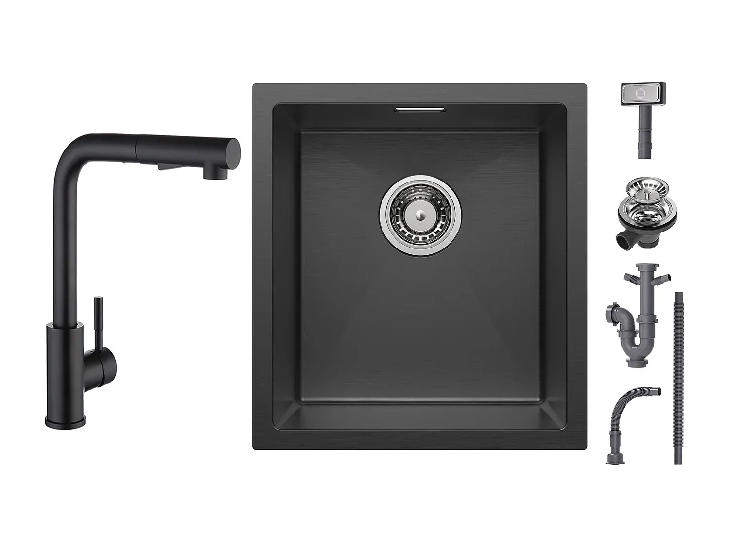 Einbauspüle Edelstahl 40 x 44 x 19 cm mit schwarzer Küchenarmatur und ausziehbarer Brause, 2 Strahlarten