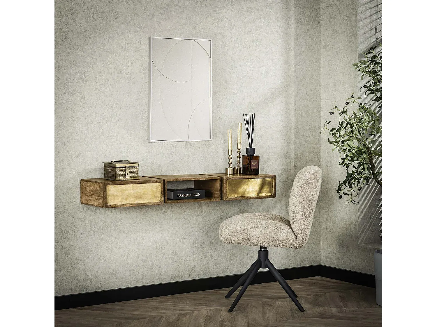 Eleganter Schminktisch aus Mangoholz und Messing, 123 cm Breit, Schwarz