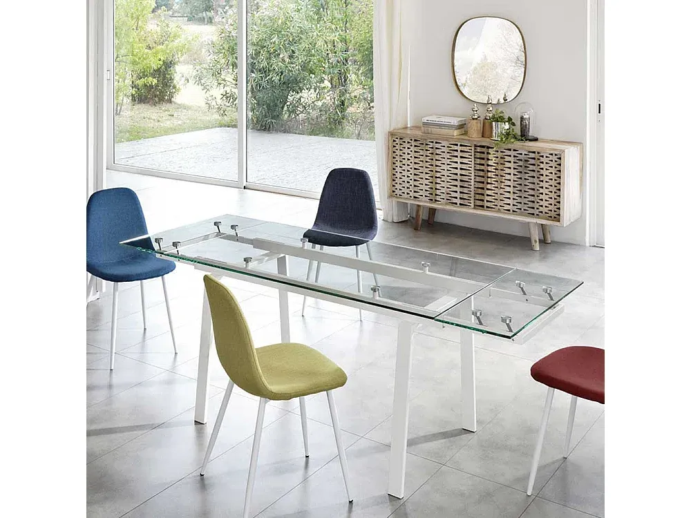 Erweiterbarer Esstisch aus Sicherheitsglas und Metall
