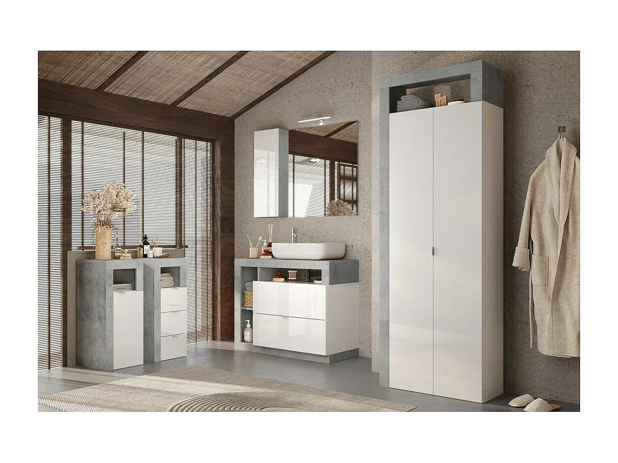 Moderner Badezimmerschrank mit Doppeltüren in Weiß und Betonoptik