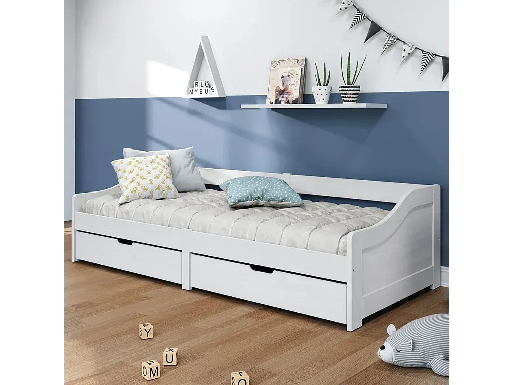 Massivholz Tagesbett mit Schubladen, Weiß, 90x200cm