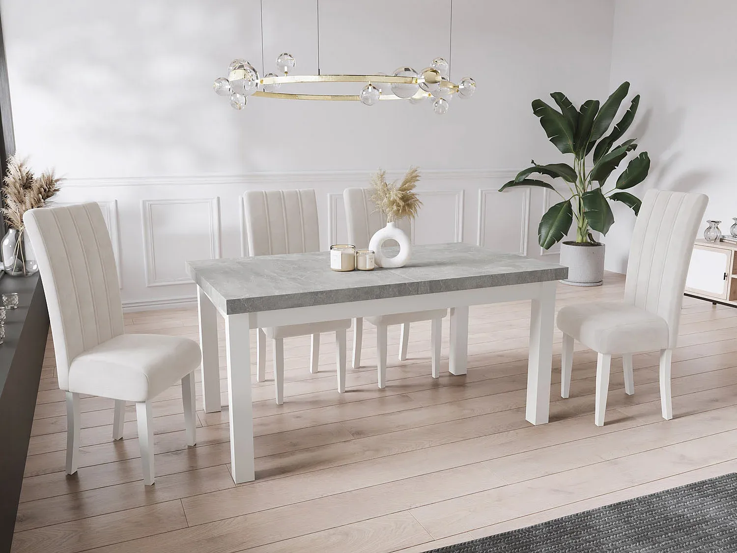 Ausziehbarer Rechteckiger Esstisch mit Holzbeinen in Betonoptik