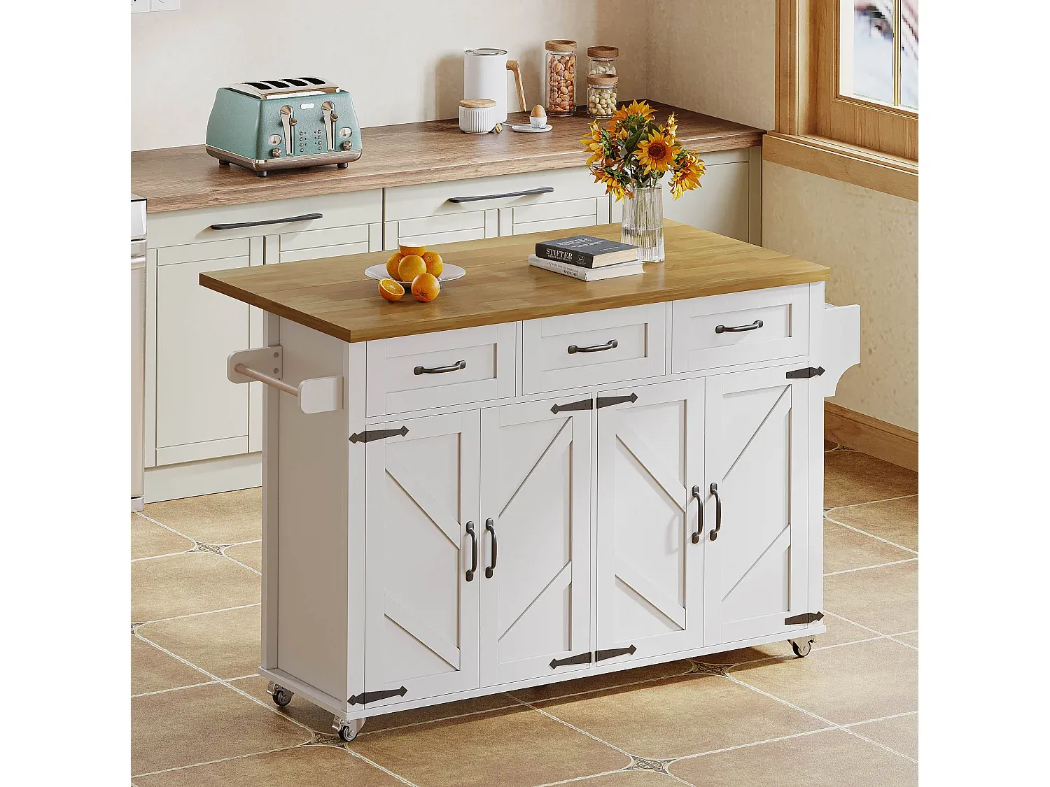 Mobile Kücheninsel mit klappbarer Arbeitsplatte und Stauraum