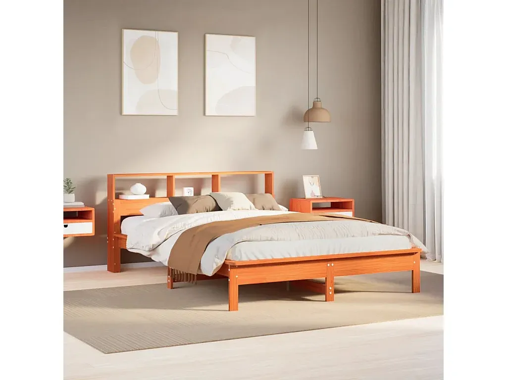 Holzbett mit integriertem Regal, wachsbraun, 120x190 cm