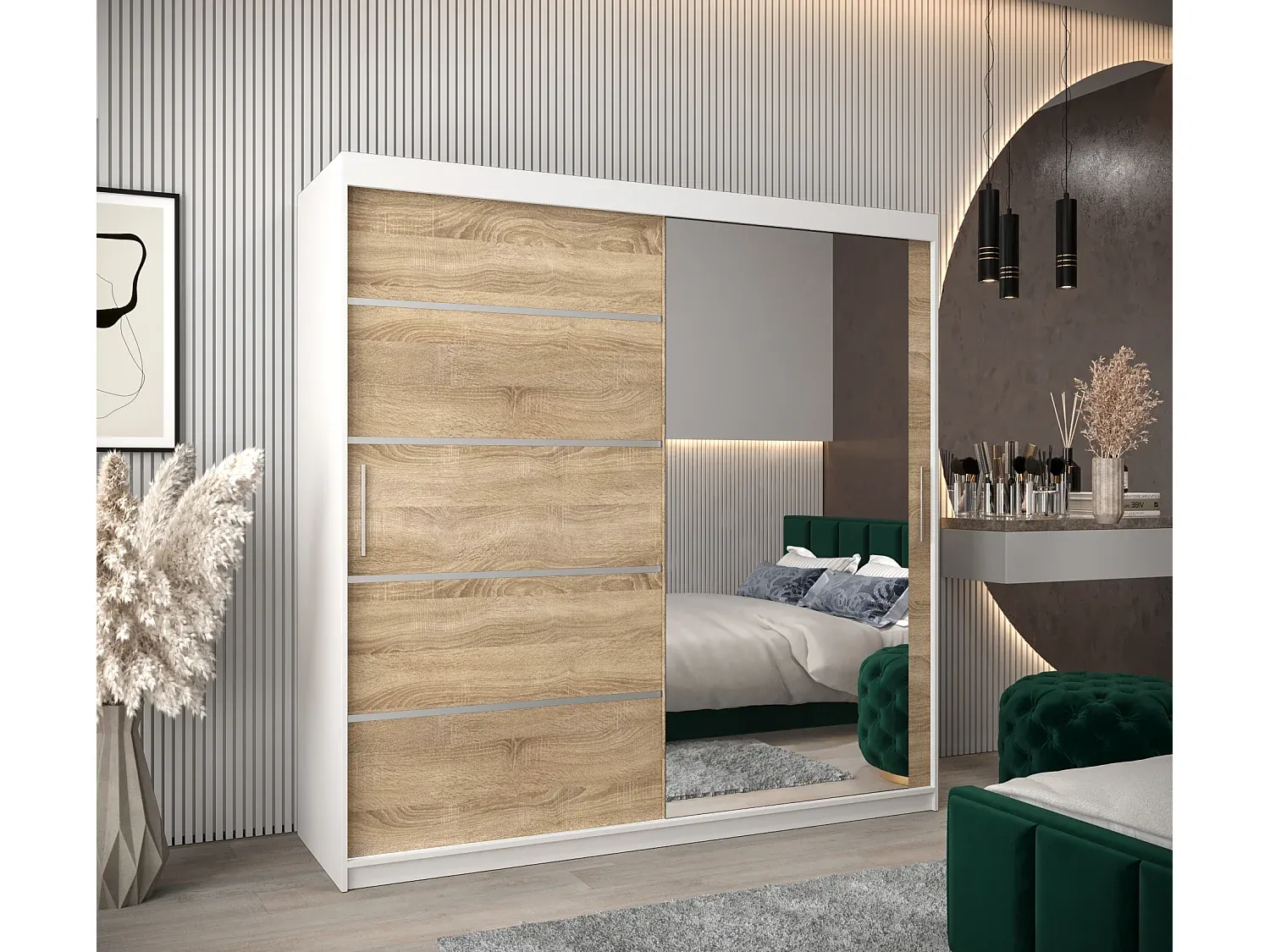 Großer Schwebetürenschrank in Weiß und Sonoma