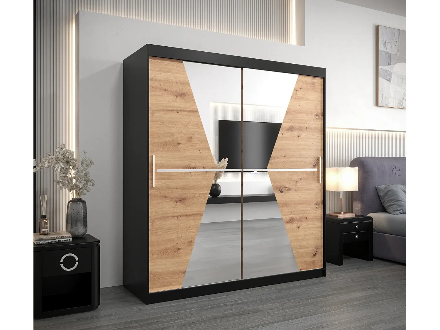 Zweiflügeliger Kleiderschrank 200x180x62 cm in Schwarz und Artisan