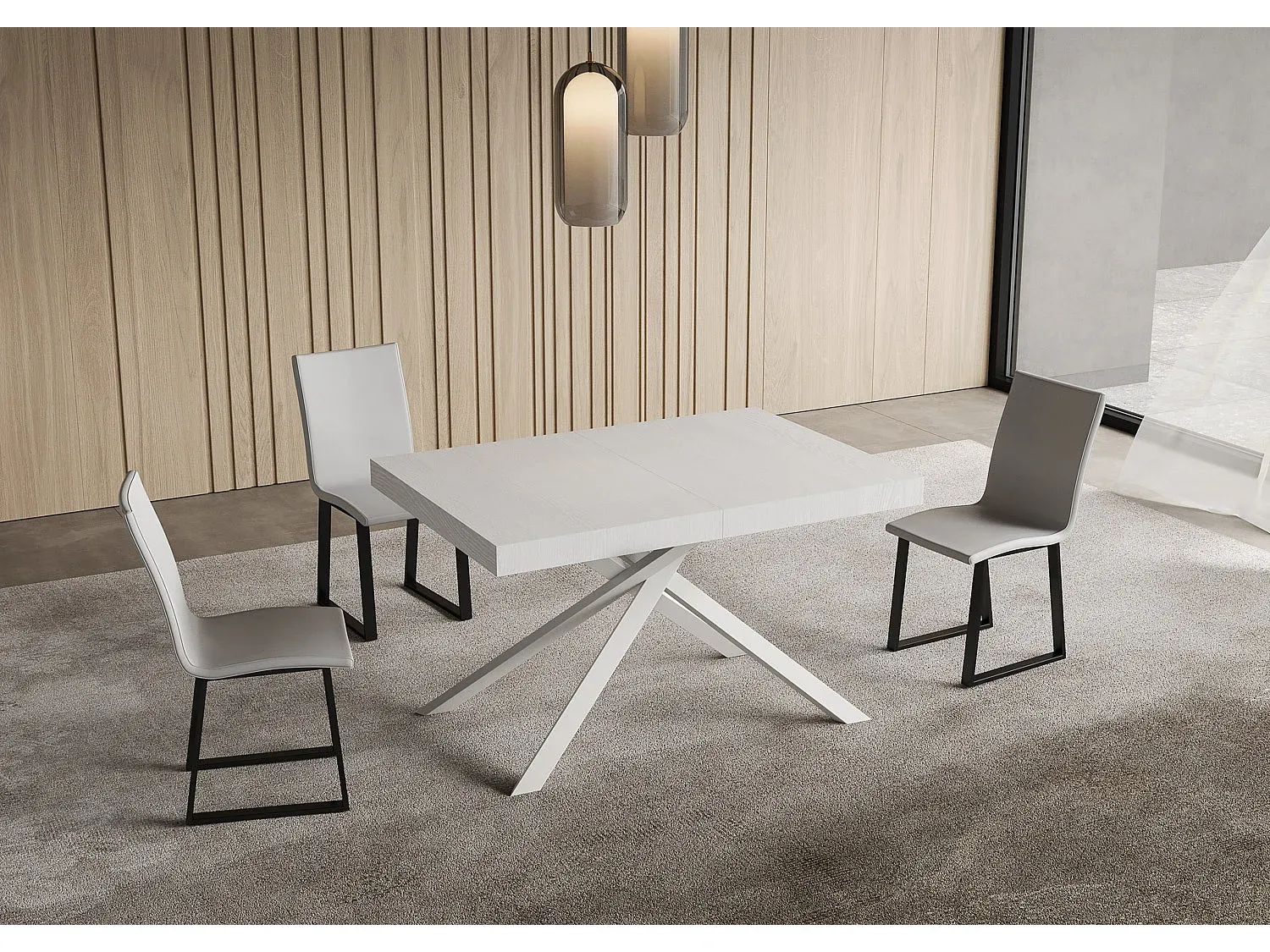 Ausziehbarer Esstisch 130/234x90 cm, weiße Esche mit weißen Beinen