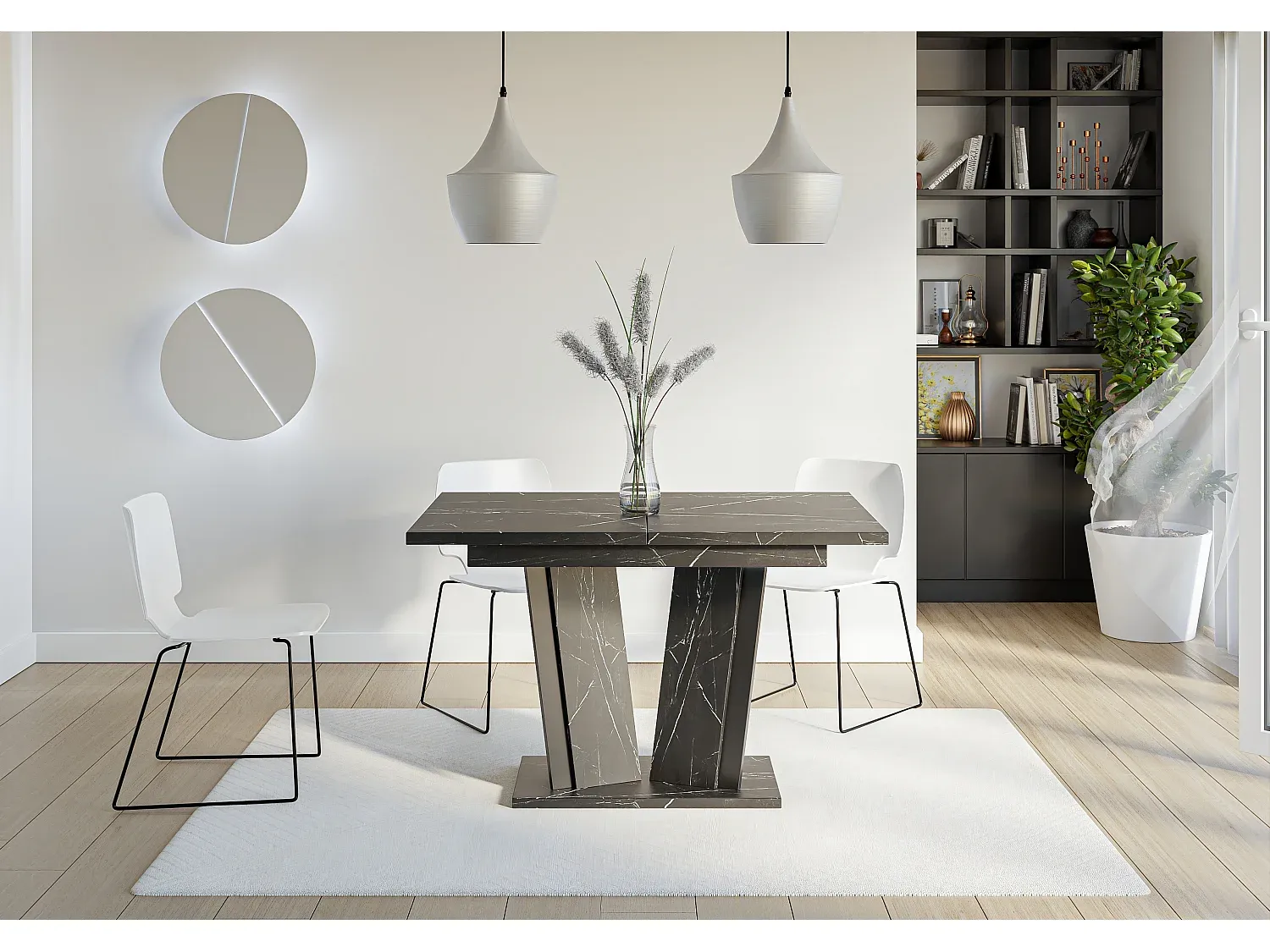 Ausziehbarer Esstisch 160 cm in Weiß Hochglanz mit Betonoptik