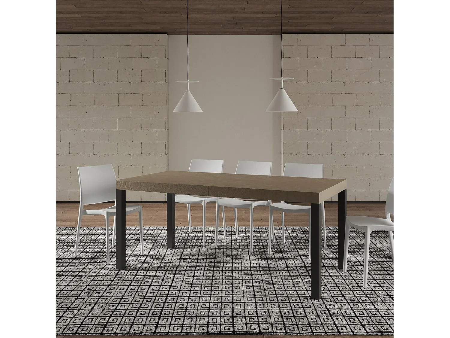 Erweiterbarer Esstisch in Taubengrau mit Eisenrahmen