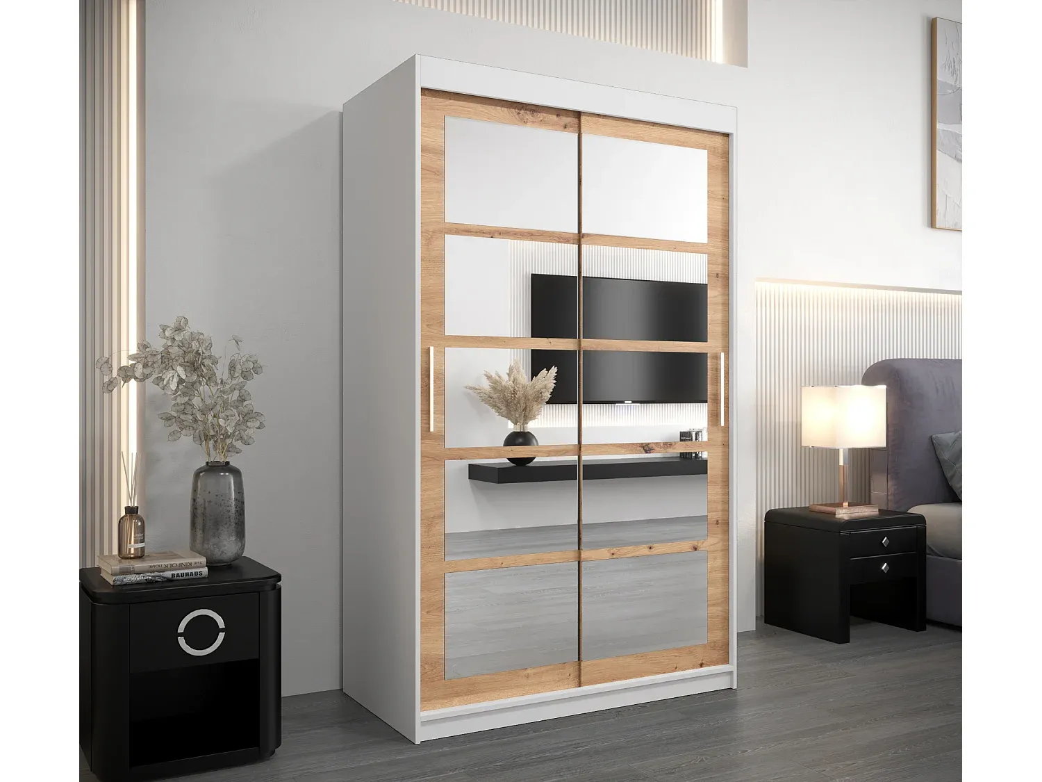 Moderner Schwebetürenschrank mit Zweitüren in Weiß und Artisan