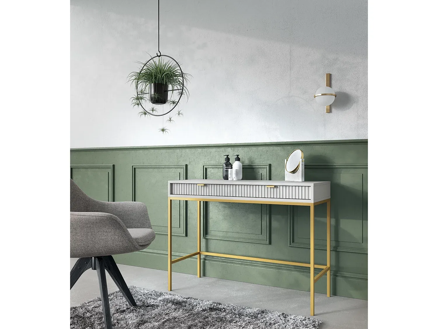 Moderner Konsolentisch mit Schubladen und goldenen Beinen