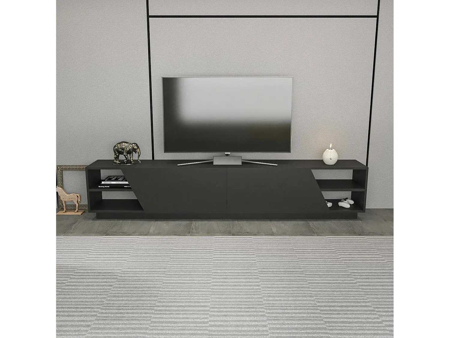 Niedriges Wohnzimmer-Sideboard in Anthrazit, 240x37x47 cm