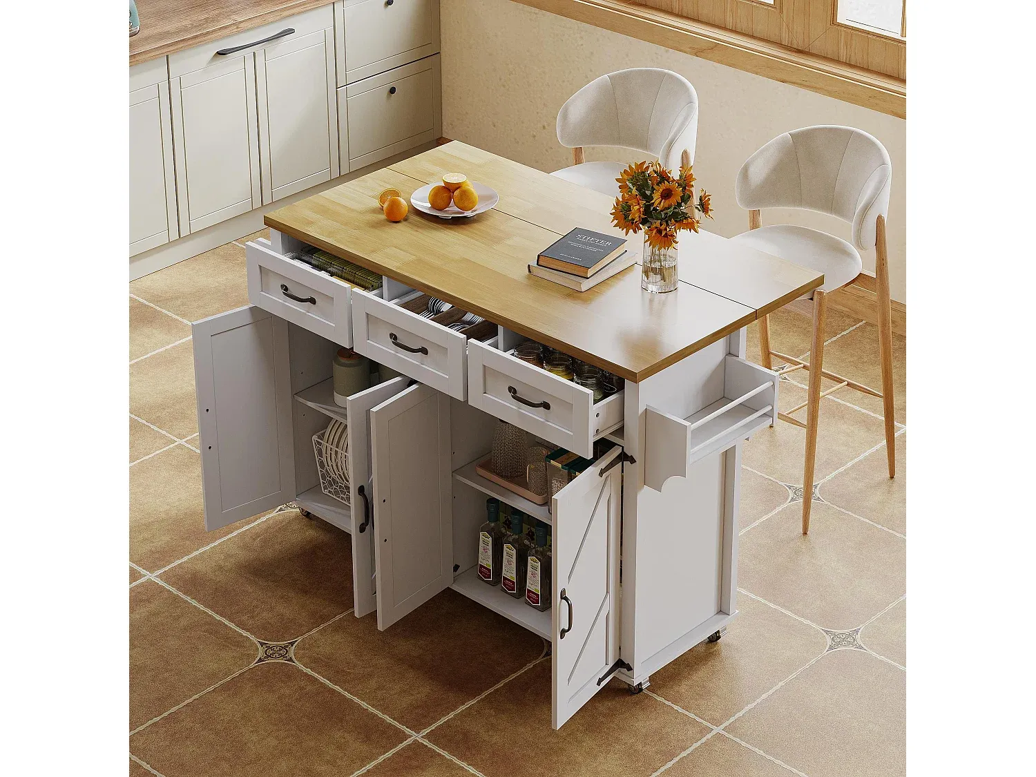 Mobile Kücheninsel mit klappbarer Arbeitsplatte und Stauraum