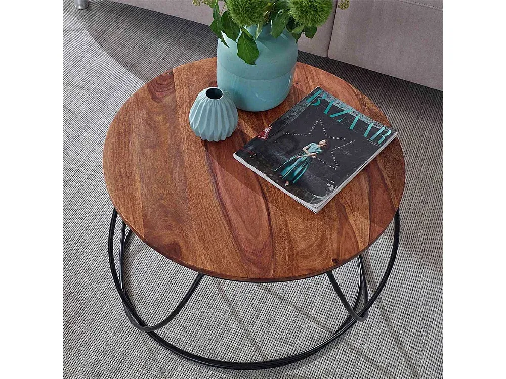 Moderner Couchtisch aus Sheesham-Holz und Edelstahl