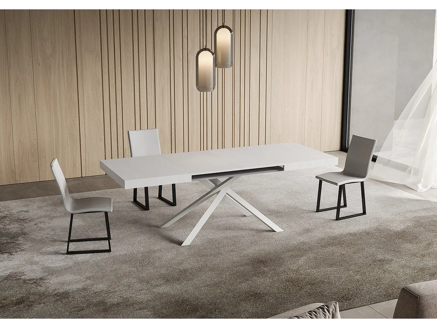 Ausziehbarer Esstisch 130/234x90 cm, weiße Esche mit weißen Beinen