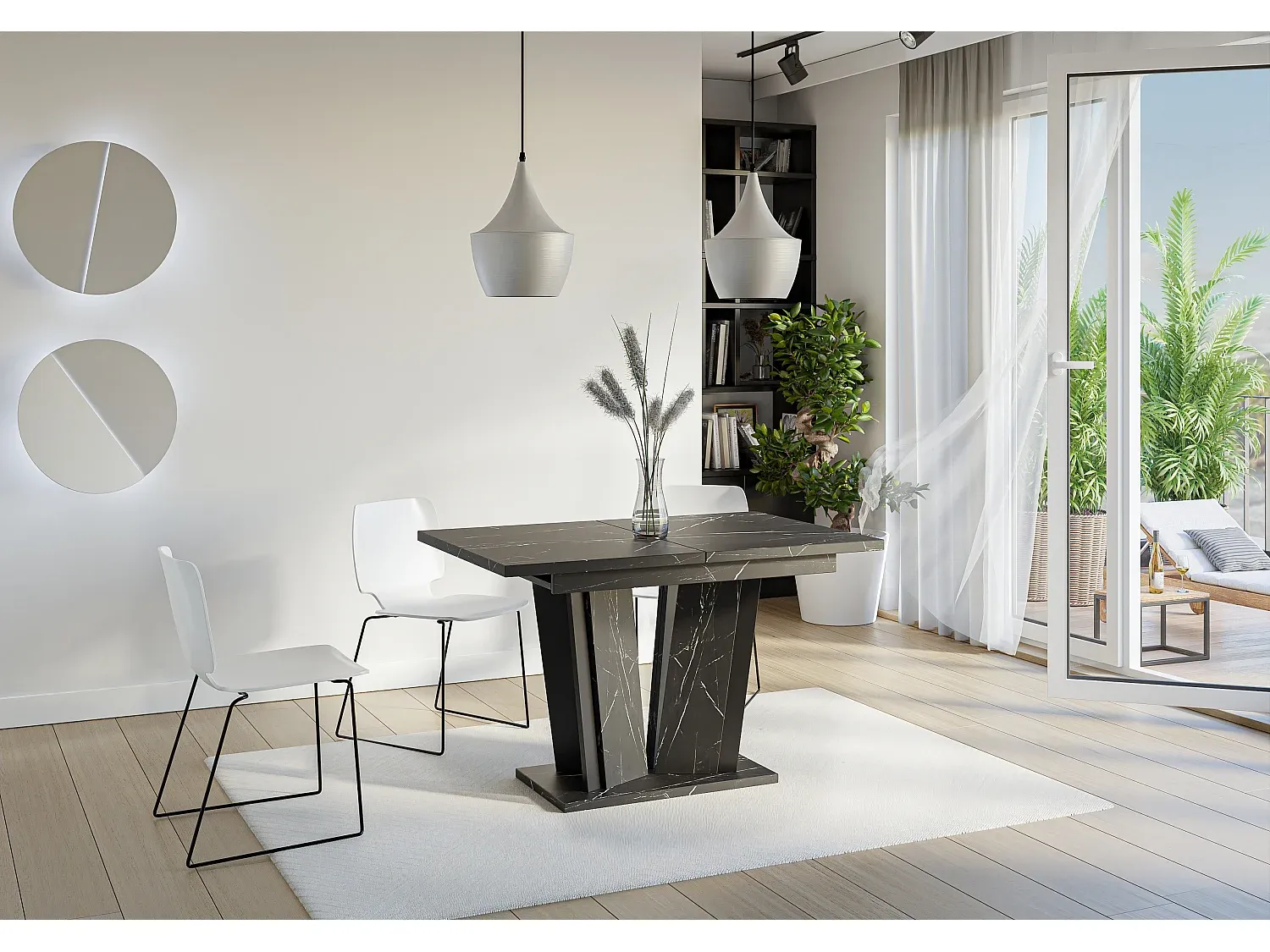 Ausziehbarer Esstisch 160 cm in Weiß Hochglanz mit Betonoptik