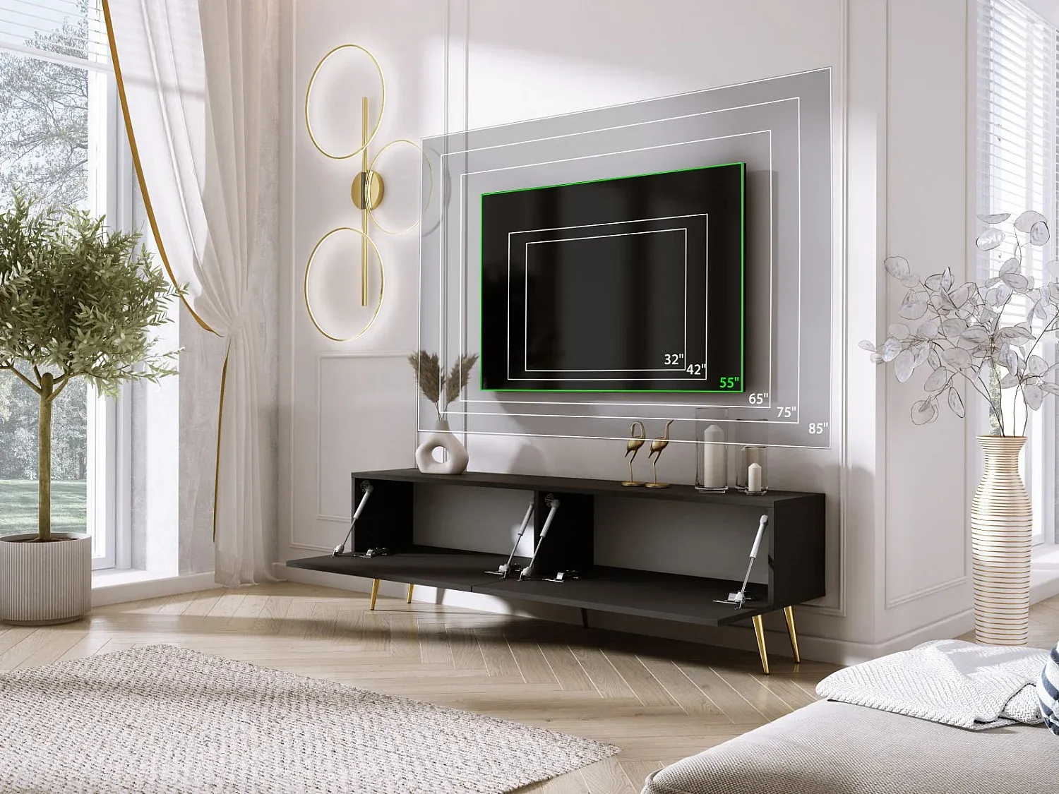 Moderner TV-Schrank mit goldenen Beinen, 170 x 52 x 32 cm