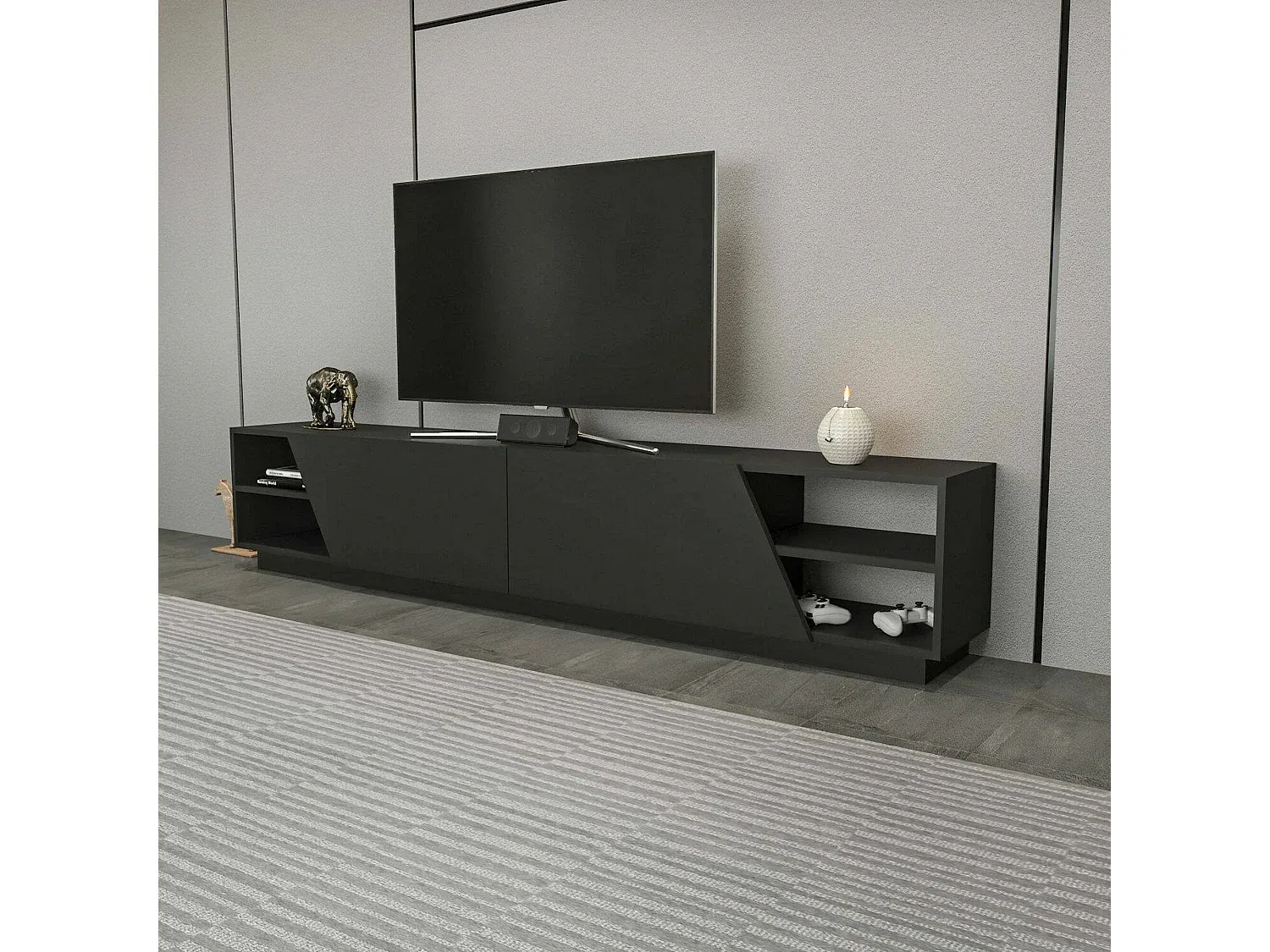 Niedriges Wohnzimmer-Sideboard in Anthrazit, 240x37x47 cm
