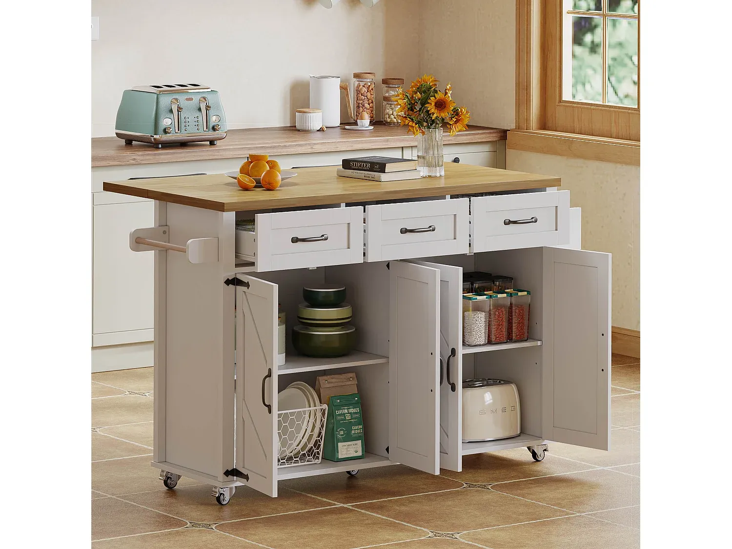 Mobile Kücheninsel mit klappbarer Arbeitsplatte und Stauraum