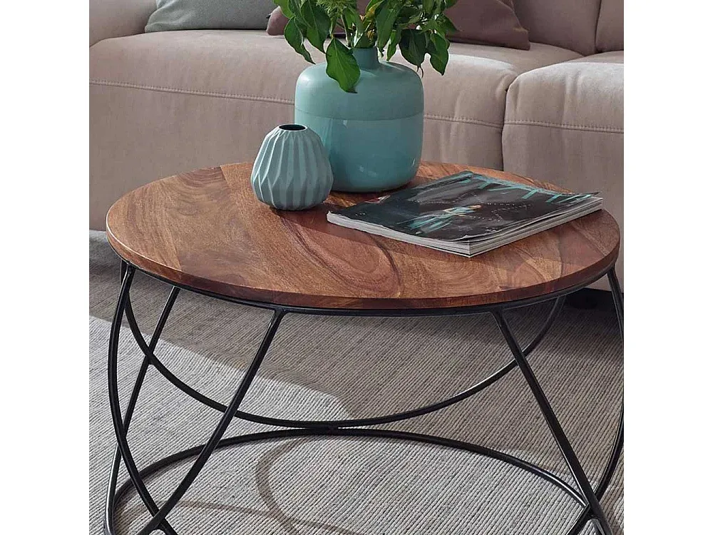 Moderner Couchtisch aus Sheesham-Holz und Edelstahl