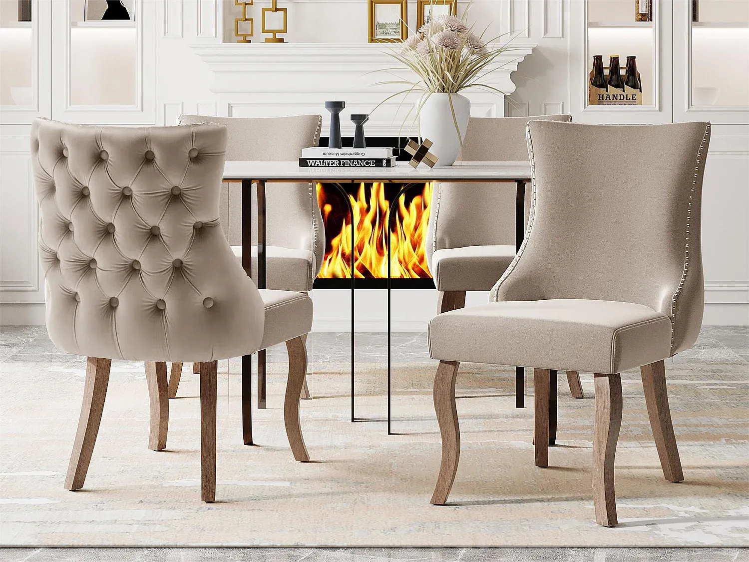 2er-Set Samtstühle mit Massivholzrahmen in Beige