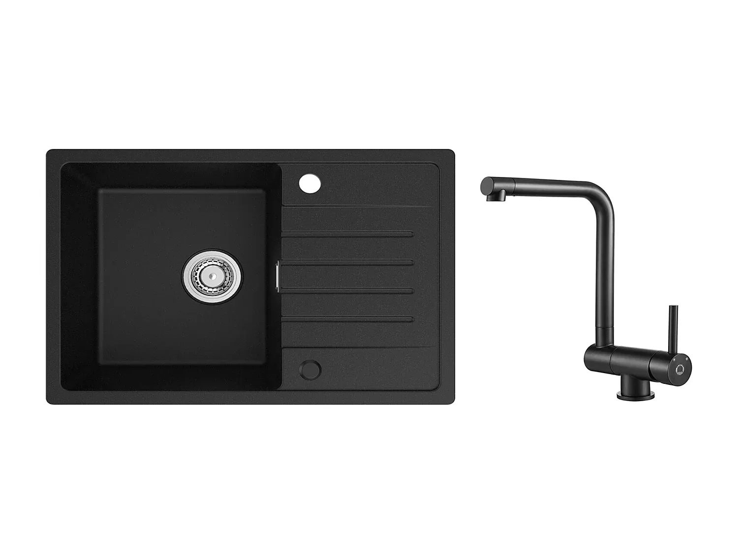 Schwarze Quarzharz-Küchenspüle mit Abtropffläche und klappbarem Wasserhahn 78 x 45 cm