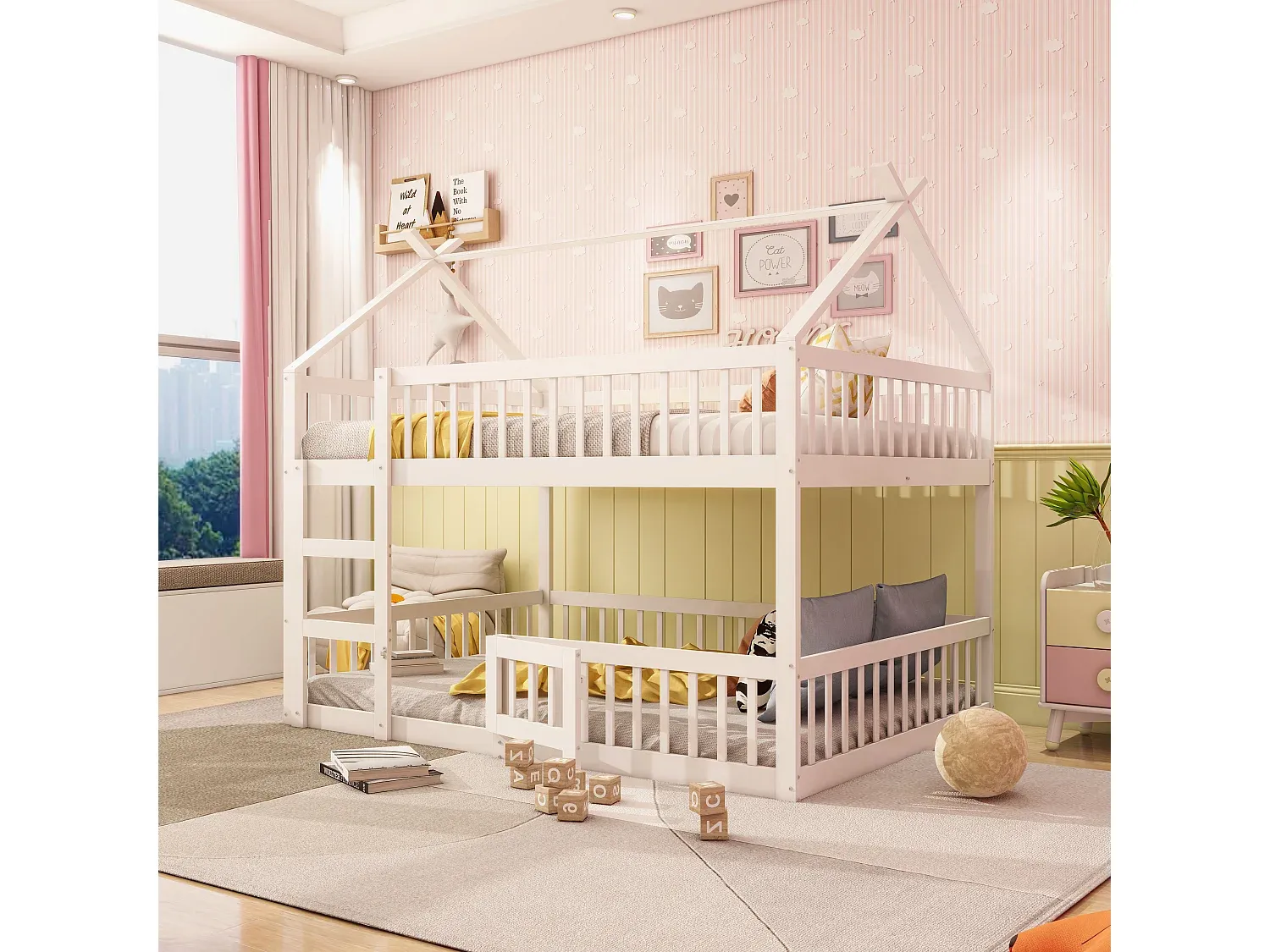 Massivholz-Etagenbett für Kinder, mit Treppe, Weiß, 140x200 cm