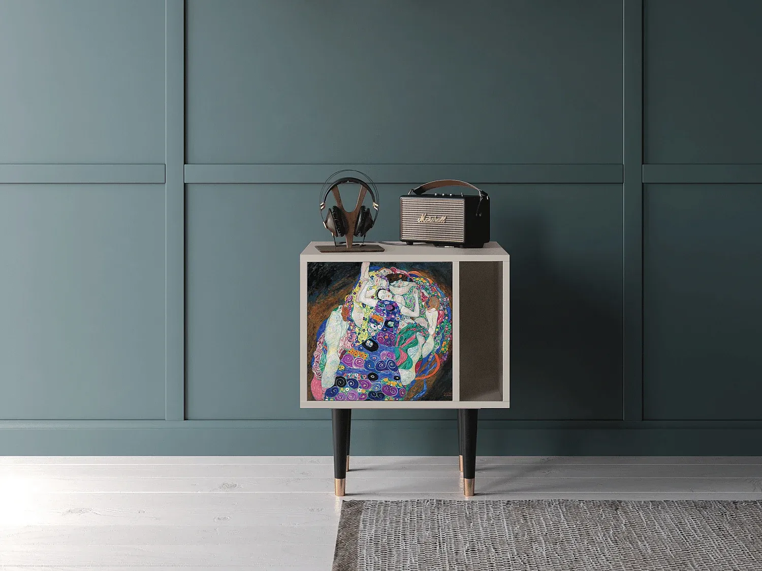 Nachttisch aus Holz mit Kunstmotiv, 57-69-48 cm