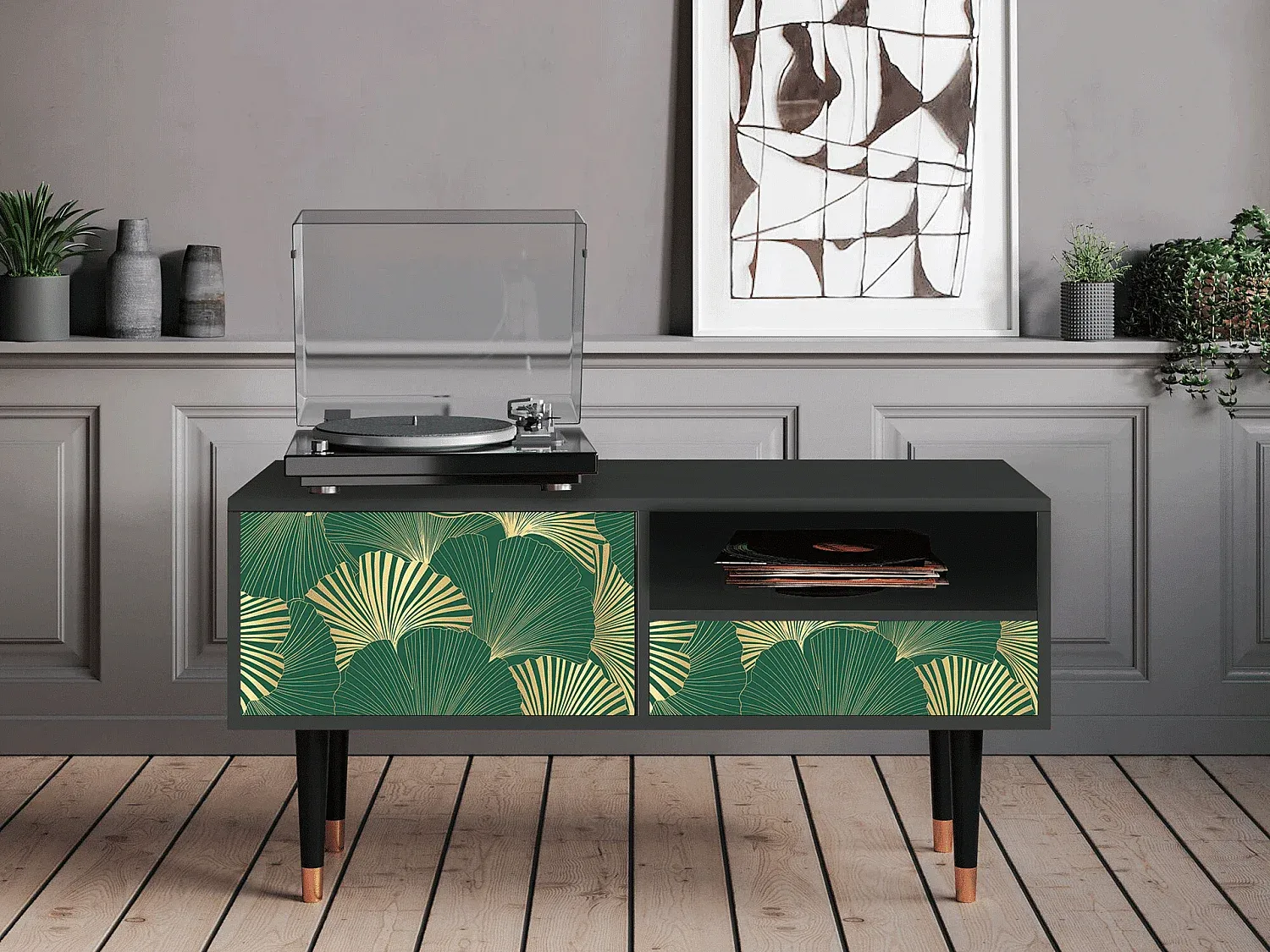 Moderner TV-Schrank mit Ginkgo-Dekor, Anthrazit