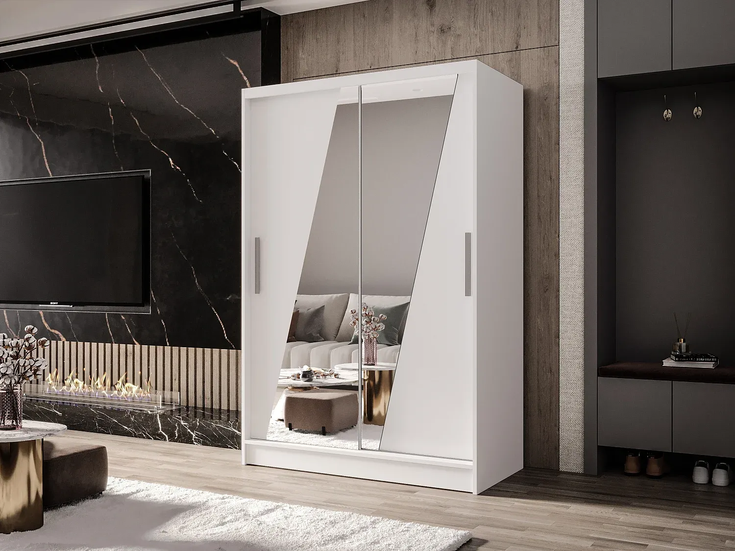 Zweiflügeliger Kleiderschrank mit Spiegel und Ablageflächen