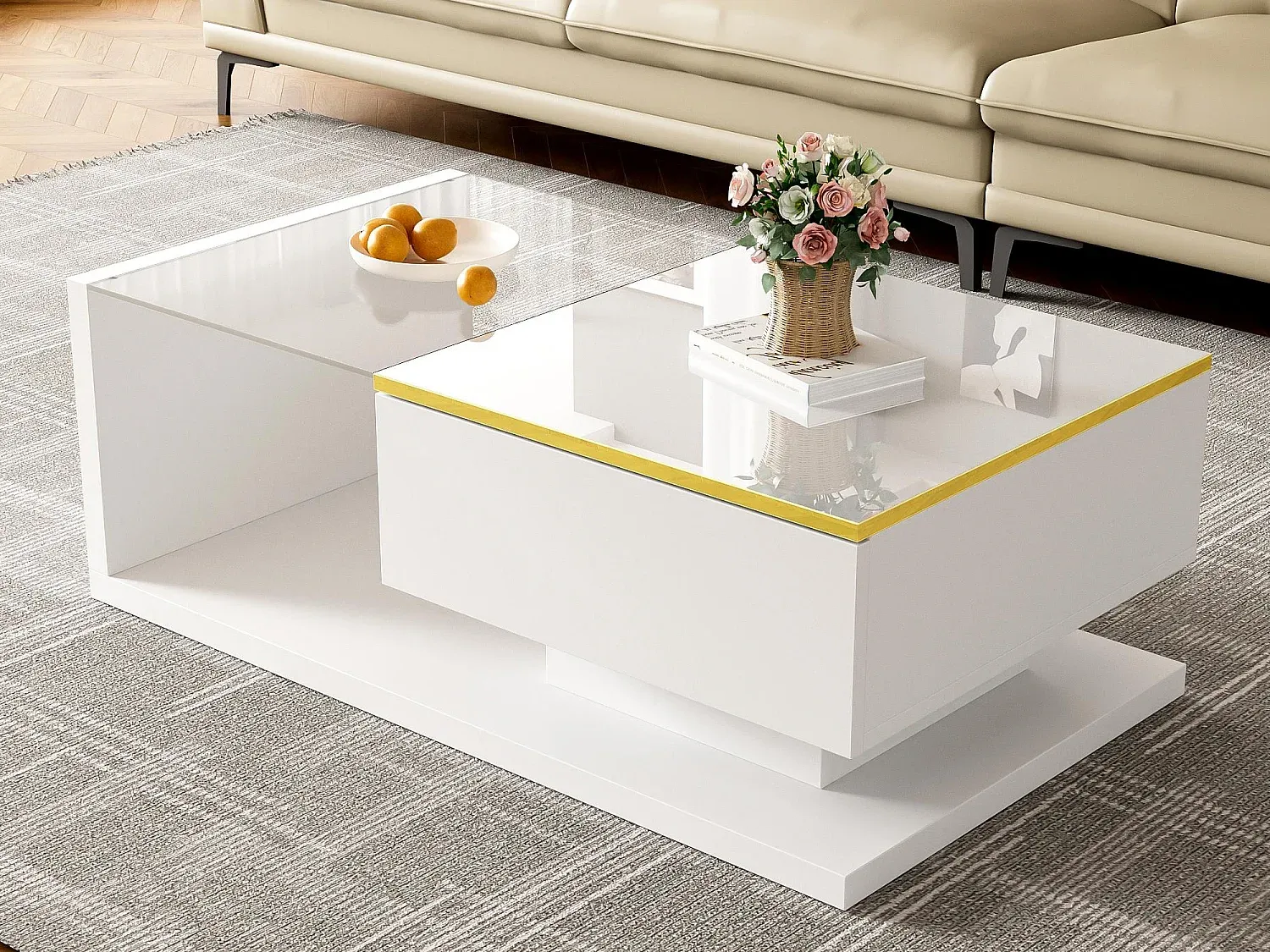 Glas-Couchtisch mit LED-Licht und Stauraum, Weiß