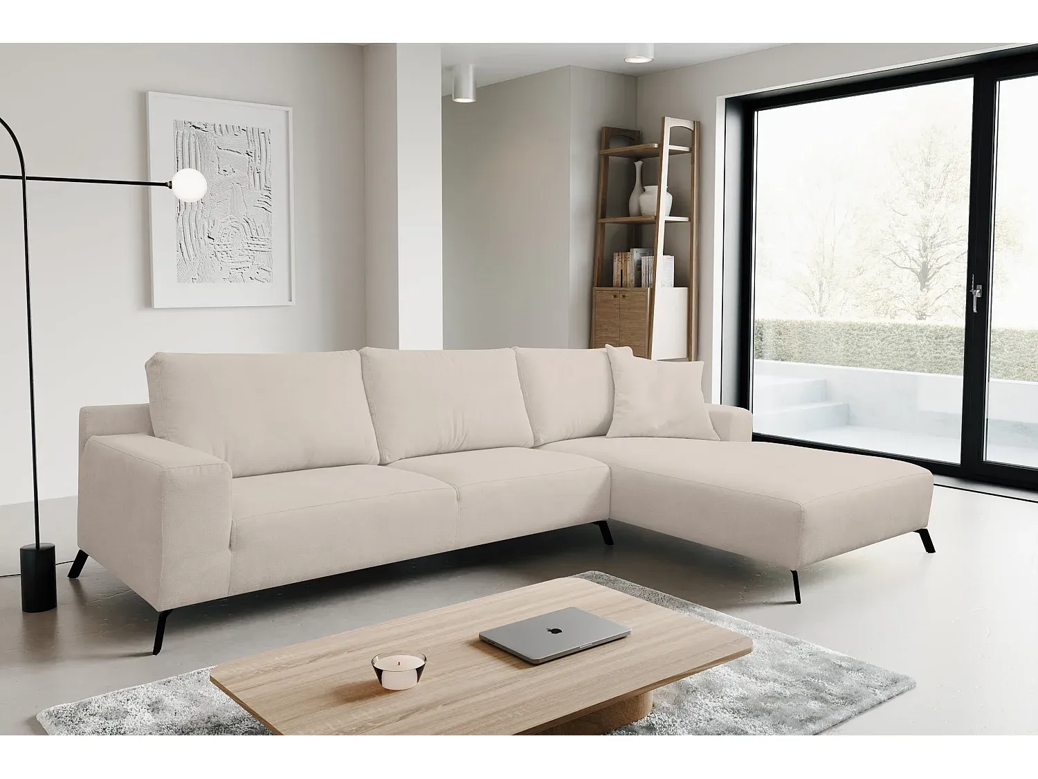 Beige Ecksofa mit Velourstoff und Rechter Ottomane