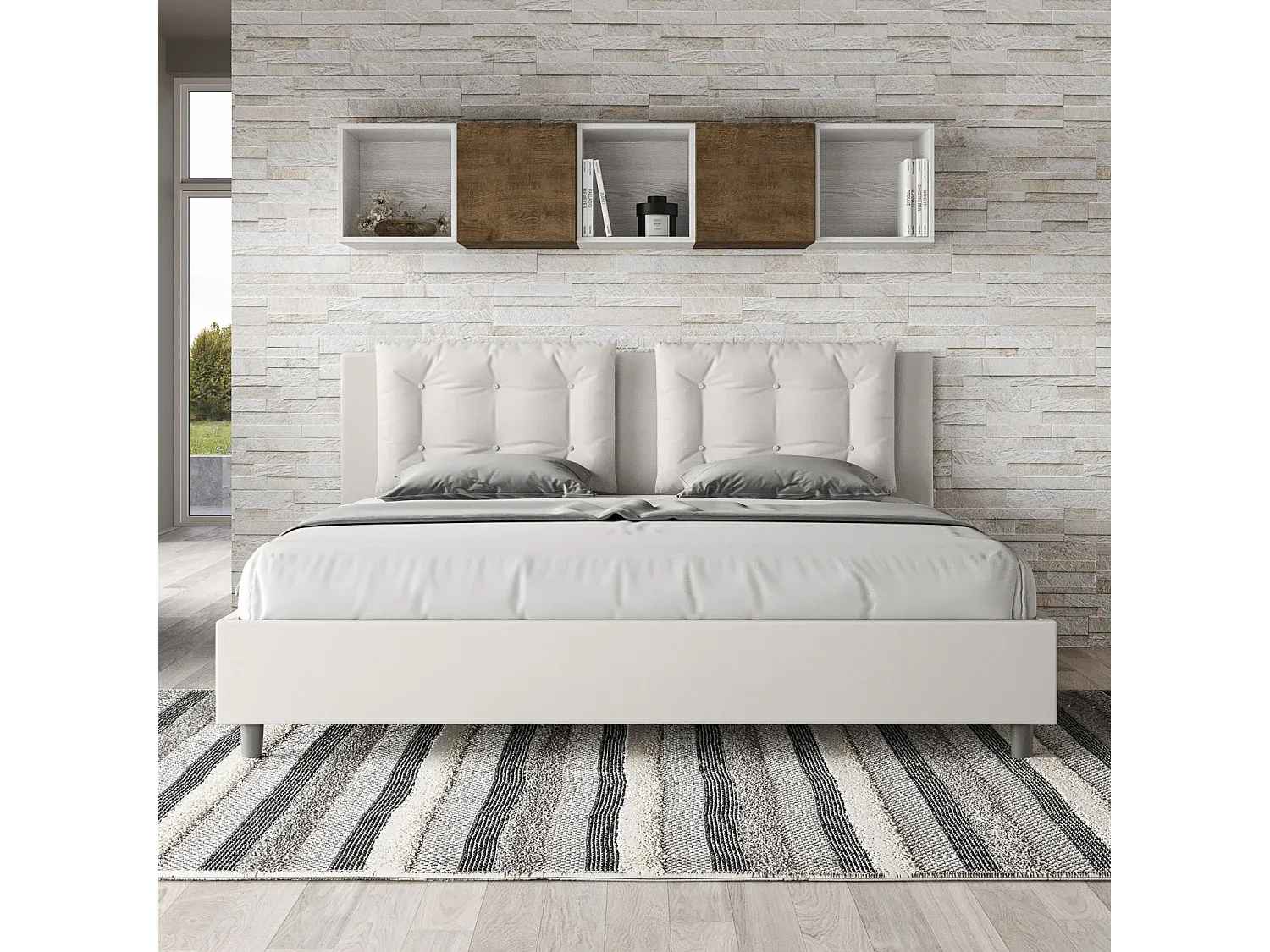 Gepolstertes Bett mit Lattenrost 200x200 aus Kunstleder Weiß