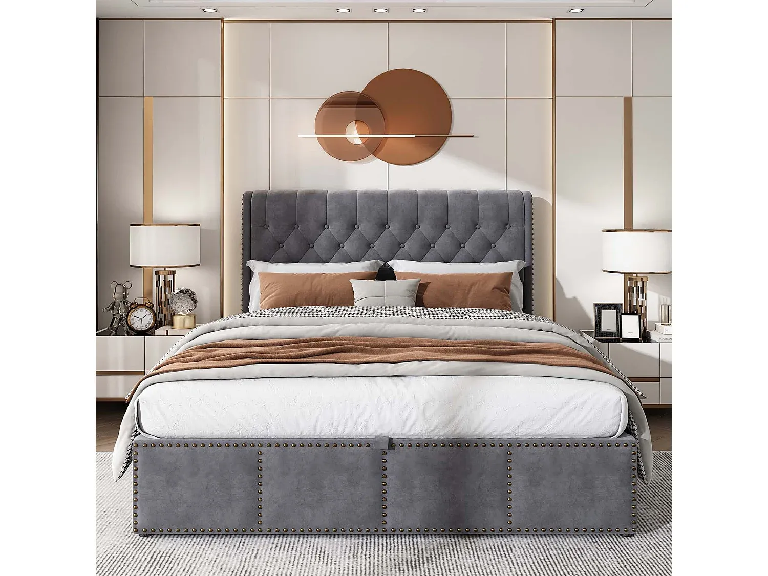 Samtbett mit Stauraum und Lattenrost 180 x 200 cm Grau