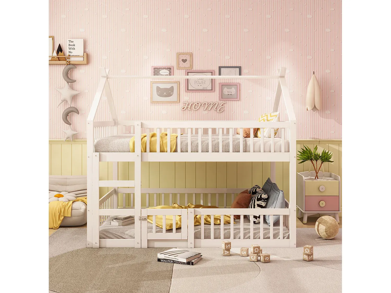 Massivholz-Etagenbett für Kinder, mit Treppe, Weiß, 140x200 cm