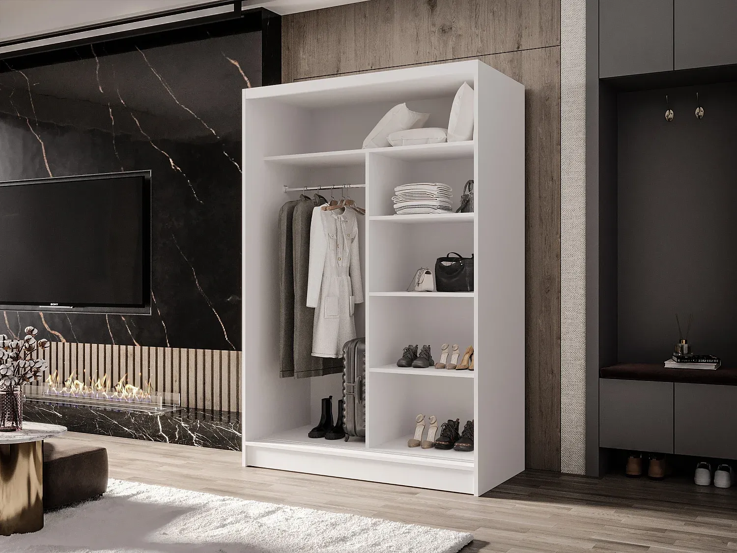 Zweiflügeliger Kleiderschrank mit Spiegel und Ablageflächen