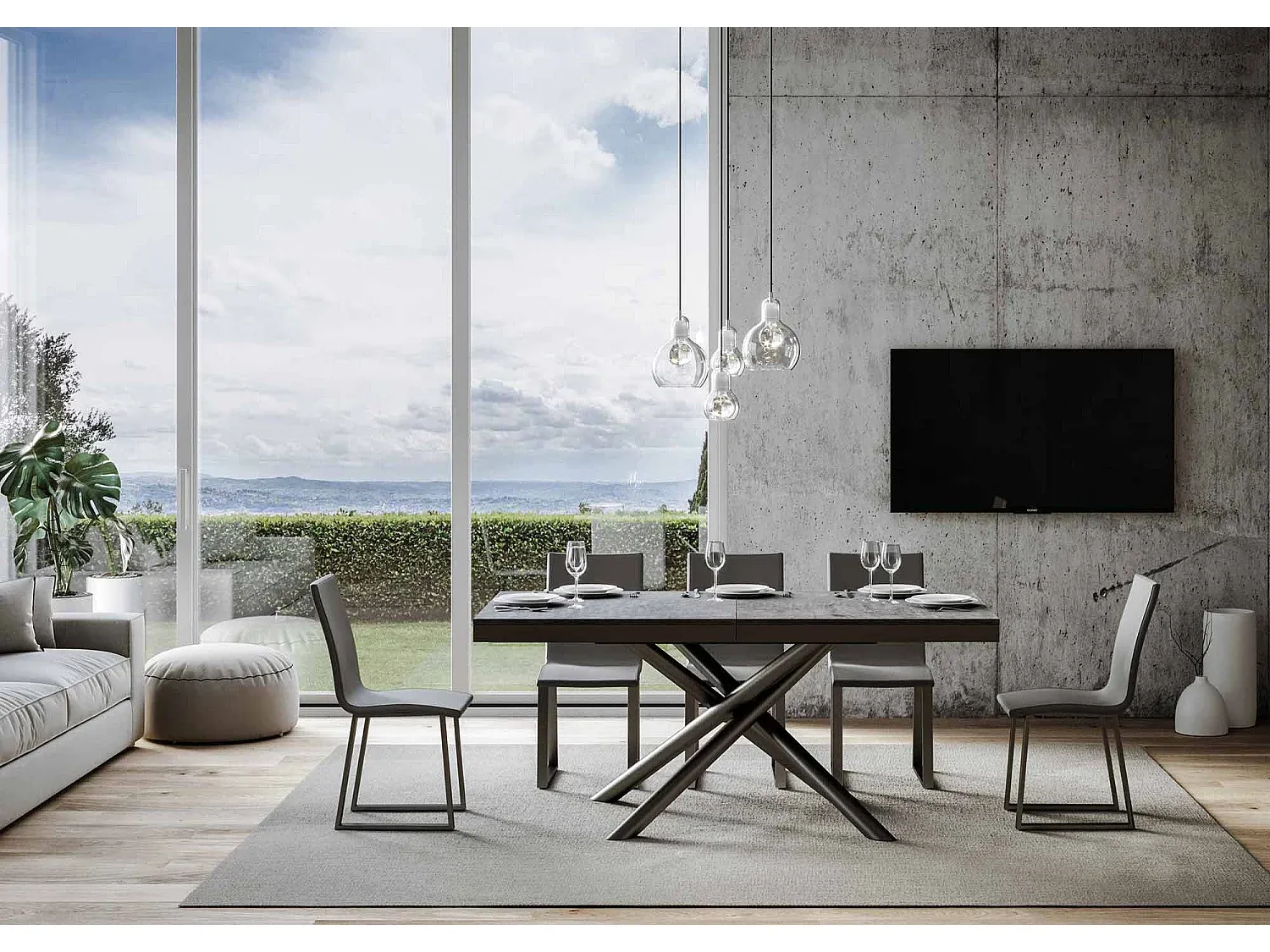 Moderner Ausziehtisch aus Zement mit Eisenrahmen