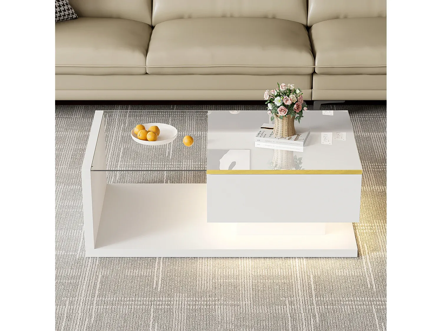 Glas-Couchtisch mit LED-Licht und Stauraum, Weiß