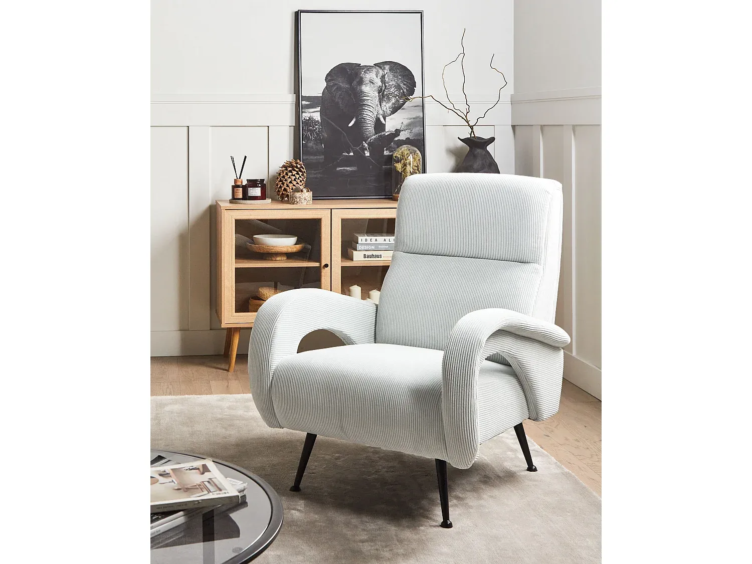 Retro Cord Sessel in Mintgrün mit Schwarzen Beinen