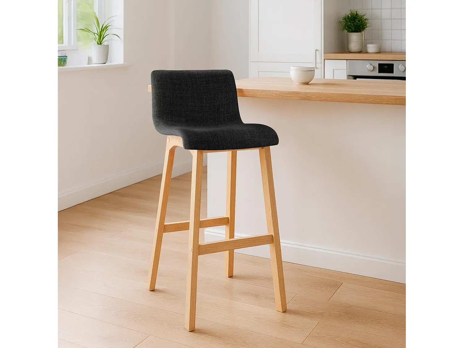 Set aus 2 Barhockern - Stoff und Holz - Dunkelgrau
