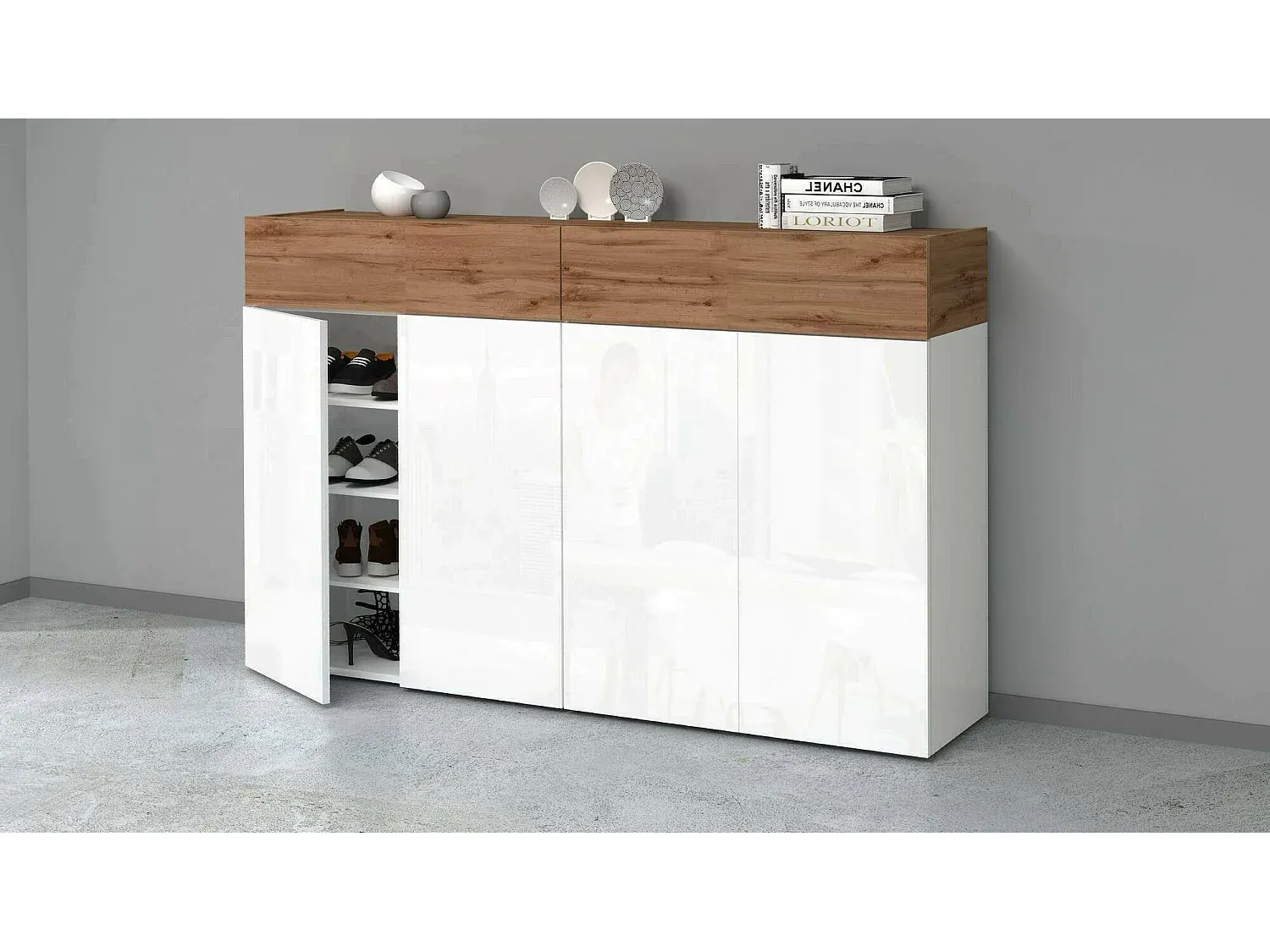 Platzsparendes Schuhregal mit 6 Türen, multifunktionale Garderobe, 154 x 38 x 100 cm, Weiß/Eiche