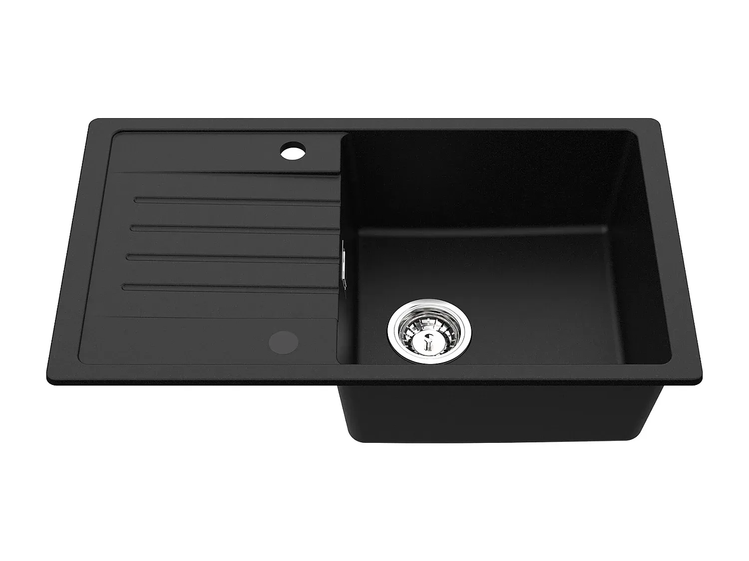 Schwarze Quarzharz-Küchenspüle mit Abtropffläche und klappbarem Wasserhahn 78 x 45 cm