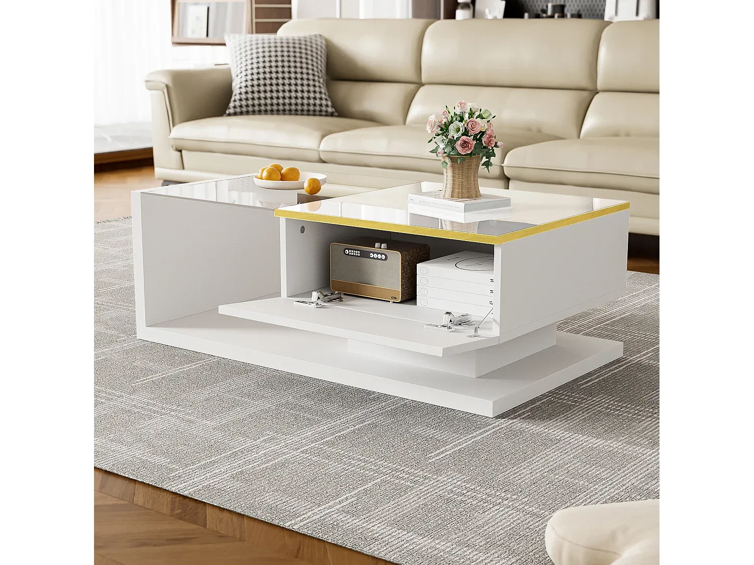 Glas-Couchtisch mit LED-Licht und Stauraum, Weiß