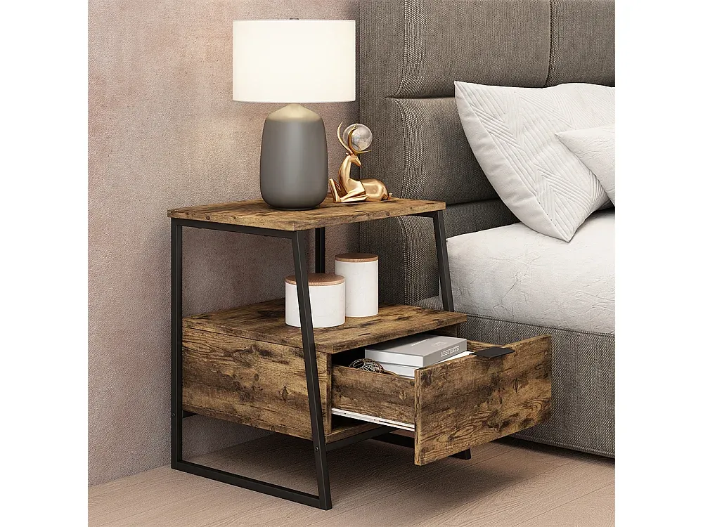 Rustikaler Nachttisch aus Eiche mit schwarzem Akzent 45x40x50 cm