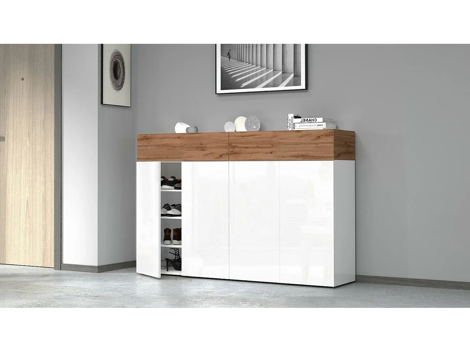 Platzsparendes Schuhregal mit 6 Türen, multifunktionale Garderobe, 154 x 38 x 100 cm, Weiß/Eiche