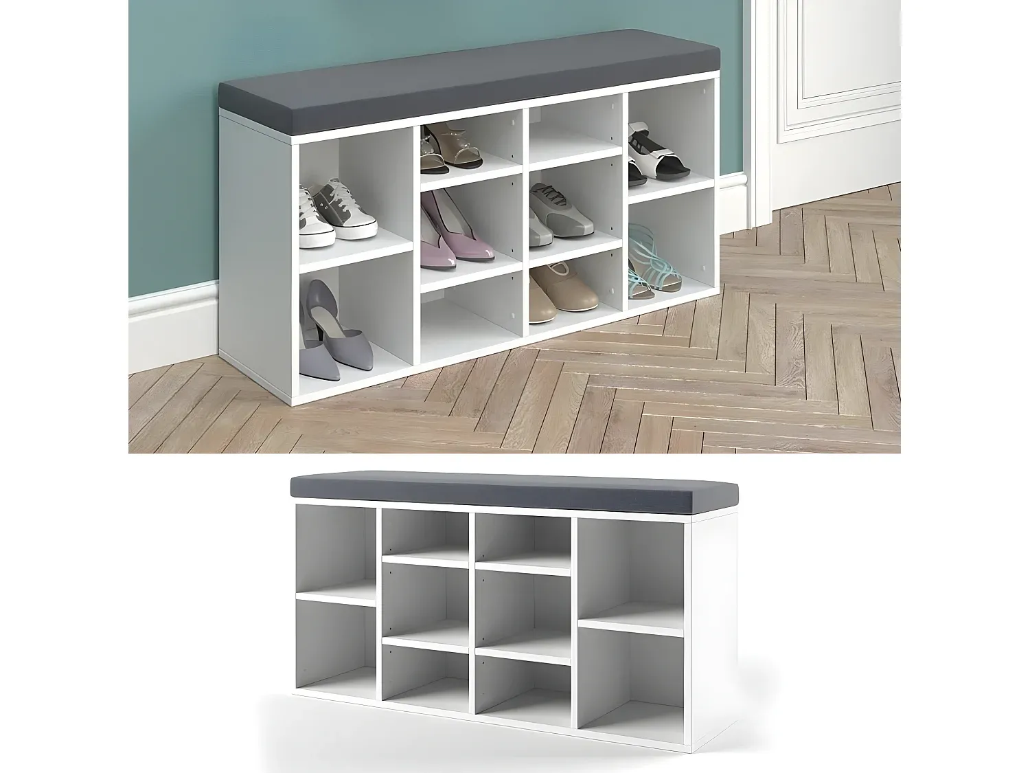 Weißes Schuhregal aus Spanplatte mit mehreren Ebenen