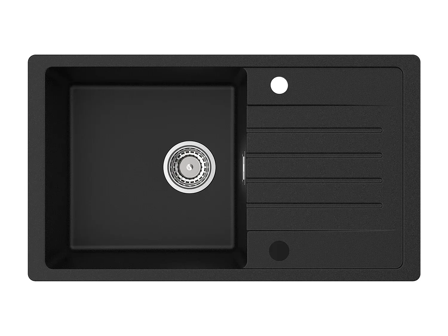 Schwarze Quarzharz-Küchenspüle mit Abtropffläche und klappbarem Wasserhahn 78 x 45 cm